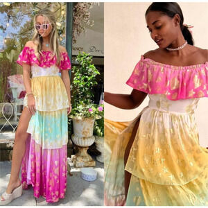 LoveShackFancy Multicolor Metallic Tiered Maxi Dress Pink Gold Stars NWT Size 4
